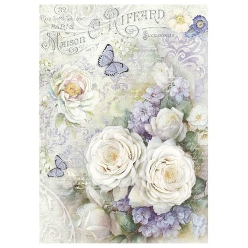 Stamperia Stamperia Rice Paper A4 White roses & Lilac Butterflies Stamperia Stamperia Rice Paper A4 White roses & Lilac Butterflies