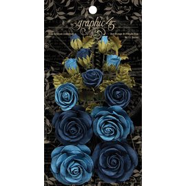 GRAPHIC 45 Blue roses with leaves and buds, 15 pieces in total