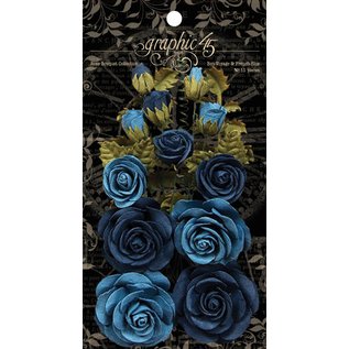 GRAPHIC 45 Rose blu con foglie e boccioli, 15 pezzi in totale