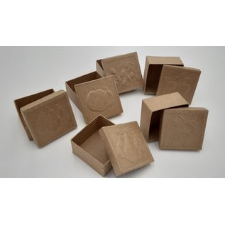 Holz, MDF, Pappe, Objekten zum Dekorieren 6 esker med pregede fruktmotiver på lokket, størrelse 7 x 7 x 4 cm