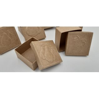 Holz, MDF, Pappe, Objekten zum Dekorieren 6 esker med pregede fruktmotiver på lokket, størrelse 7 x 7 x 4 cm