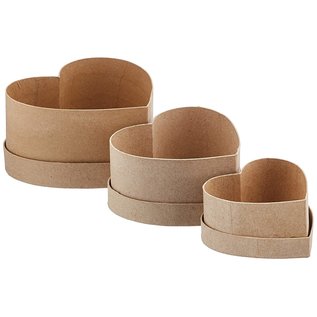 3 heart-shaped paper mache boxes, 3 pieces, 10 x 12.5 x 15 cm, brown