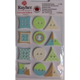 Spellbinders und Rayher Knöpfemischung, grün/hellblau, 2cm, Karte 12 Stück
