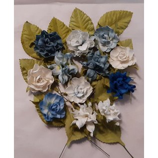 Prima Marketing und Petaloo 12 bloemen met blaadjes van moerbeipapier, blauw en wit, bloemen zijn ca. 3cm
