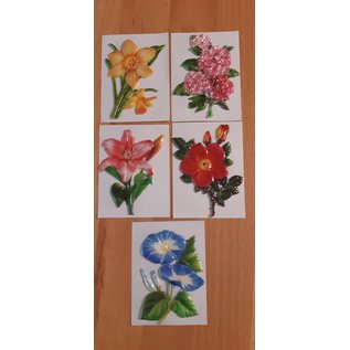 Embellishments / Verzierungen 5 voksbilleder, blomster. Ca 8,5 x 6 cm, farvet