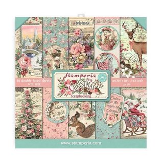 Stamperia, Papers for you  und Florella STAMPERIA, Bloque de papel, 10 hojas, 190 gr, Doble cara, Navidad rosa, Multicolor, 20.3 x 20.3 cm (8 "x 8" pulgadas)