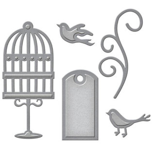 Spellbinders und Rayher Punching and embossing template: label, cage birds and swirl
