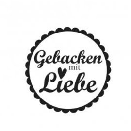 Stempel / Stamp: Holz / Wood Holzstempel, deutsche Text, "Gebacken mit viel Liebe!"