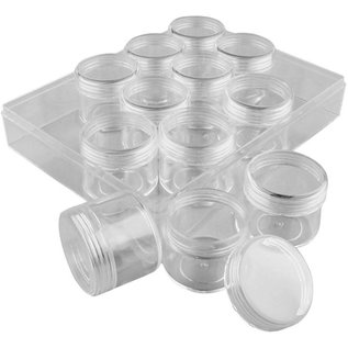 BASTELZUBEHÖR, WERKZEUG UND AUFBEWAHRUNG Acryldosen mit Schraubdeckel - verpackt in einer transparenten Kunststoffbox. Set mit 12 Dosen