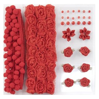 DEKOBAND / RIBBONS / RUBANS ... Poms & Fleurs - Embellissement, poms et des fleurs pom fixés rouge, assorti