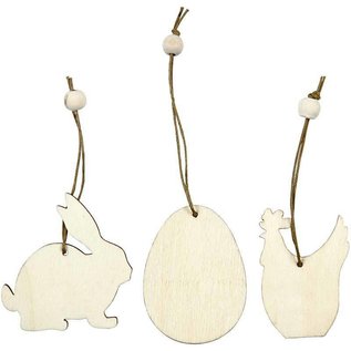 Objekten zum Dekorieren / objects for decorating Holzornament, 6 cm, Kaninchen, Ei, Huhn, 9 sort.