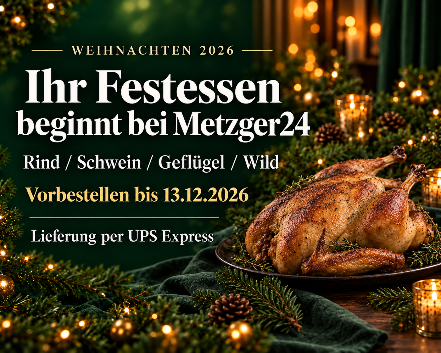 Ihr Festessen beginnt bei Metzger24. Rind, Schwein, Geflügel und Wild. Vorbestellen bis 13.12.2026. Lieferung per UPS Express.