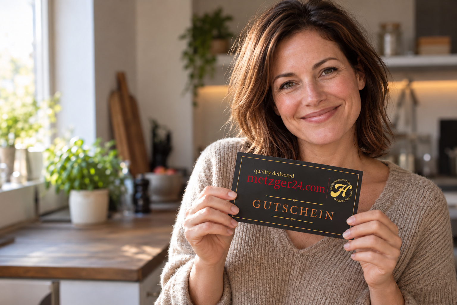 Eine Frau freut sich über einen Metzger24-Gutschein.