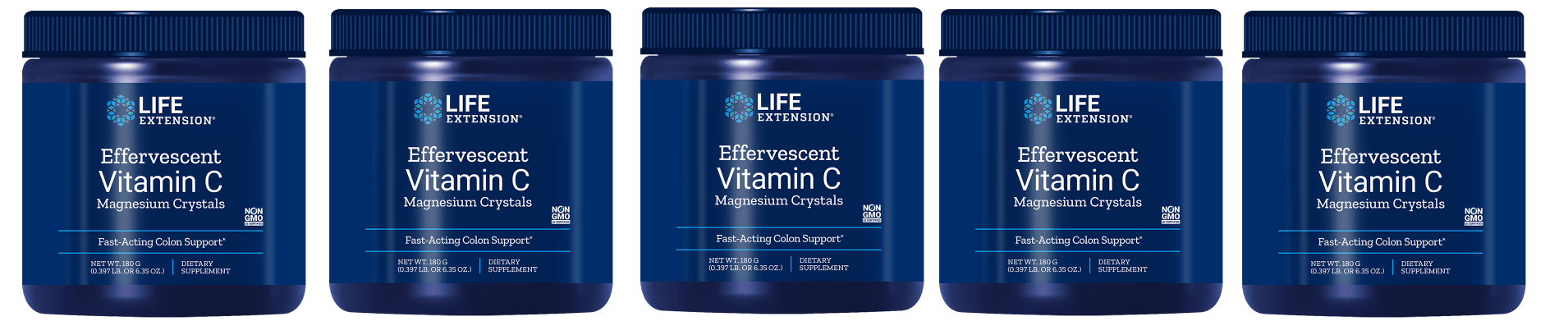 Life Extension Effervescent Vitamin C - Magnesium Crystals, Net Wt. 180 G (0.397 Lb. Or 6.35 Oz.), 5-pack