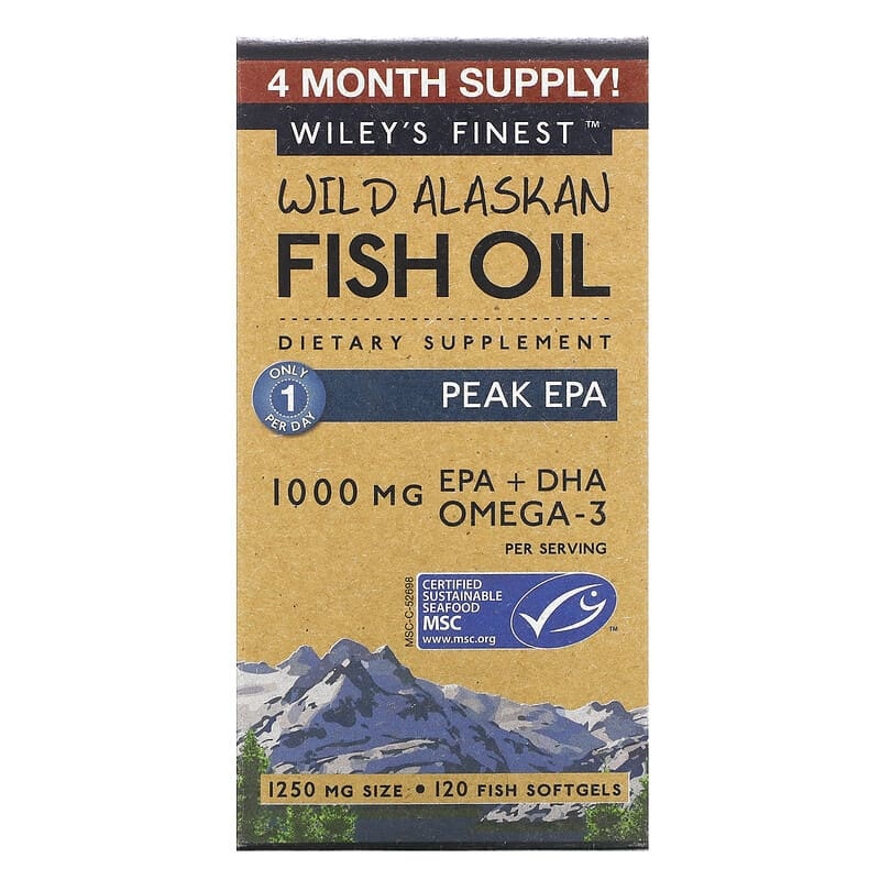 Wiley's Finest Wild Alaskan Fish Oil, PEAK EPA, 1,250 Mg, 120 Fish Softgels, 5-pack