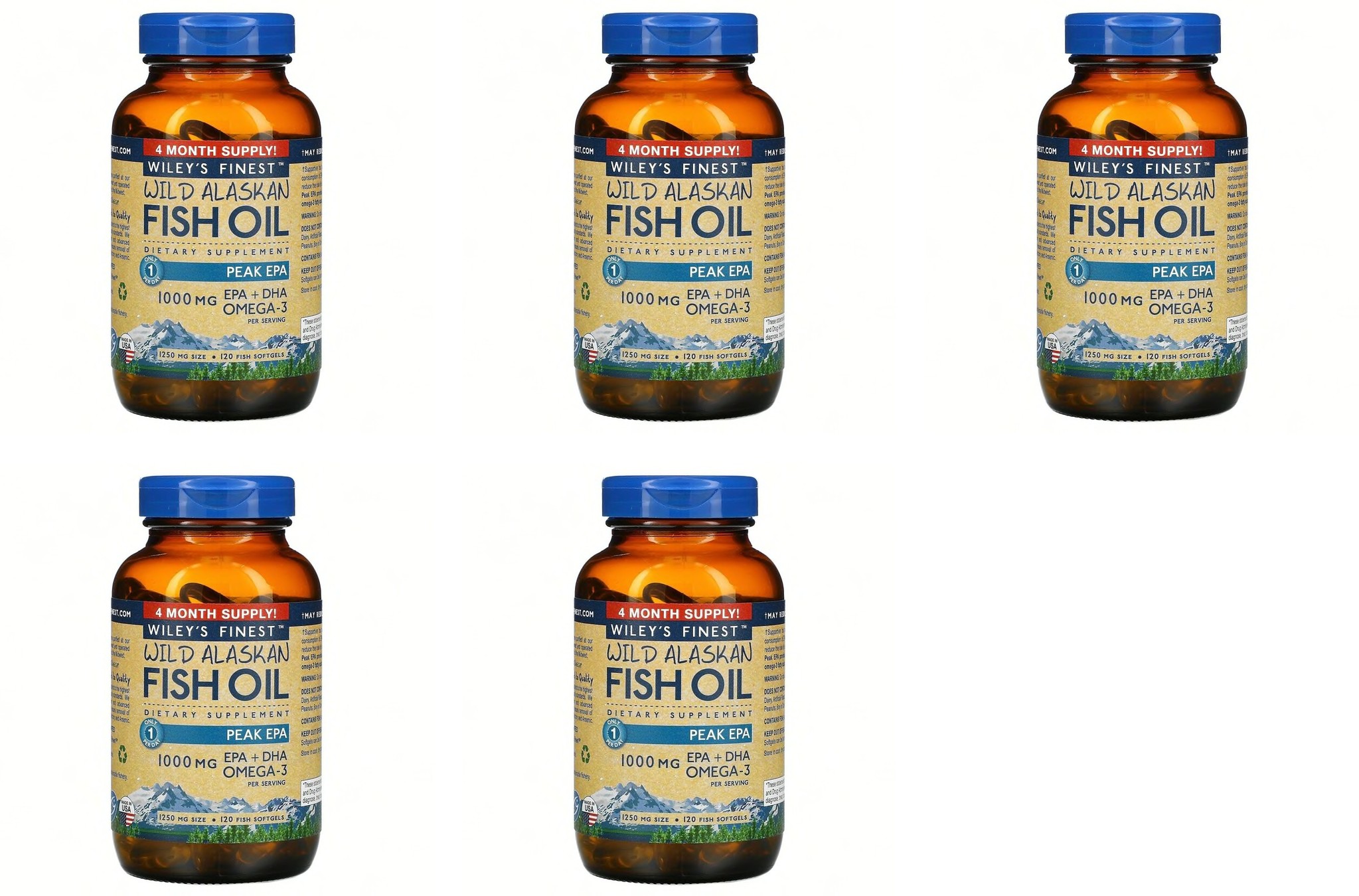 Wiley's Finest Wild Alaskan Fish Oil, PEAK EPA, 1,250 Mg, 120 Fish Softgels, 5-pack