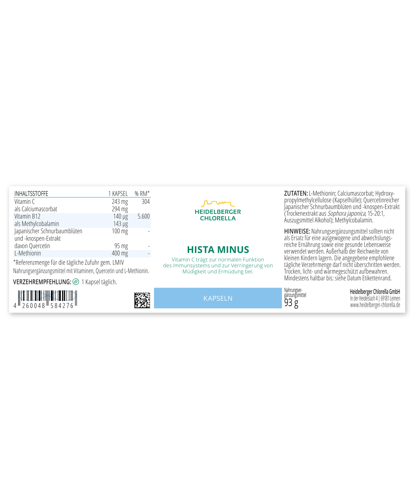 Heidelberger Chlorella Hista Minus, 93 g., 100 Kapseln