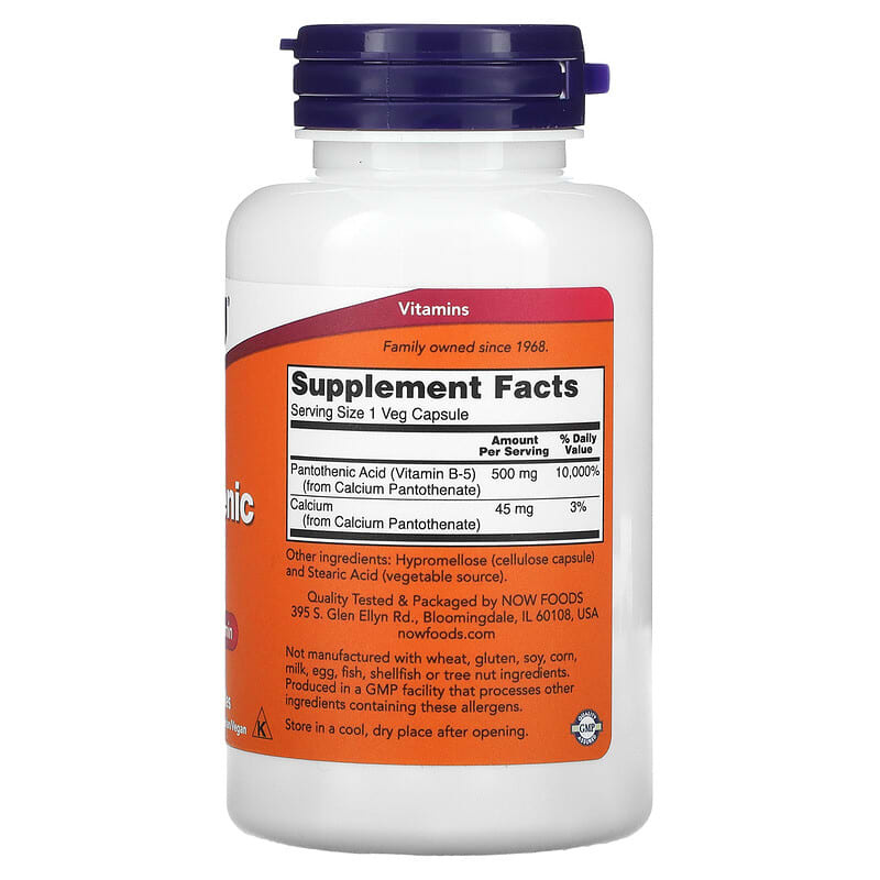 Now Foods  Pantothenic Acid, Pantothensäure, 500 mg, 100 pflanzliche Kapseln