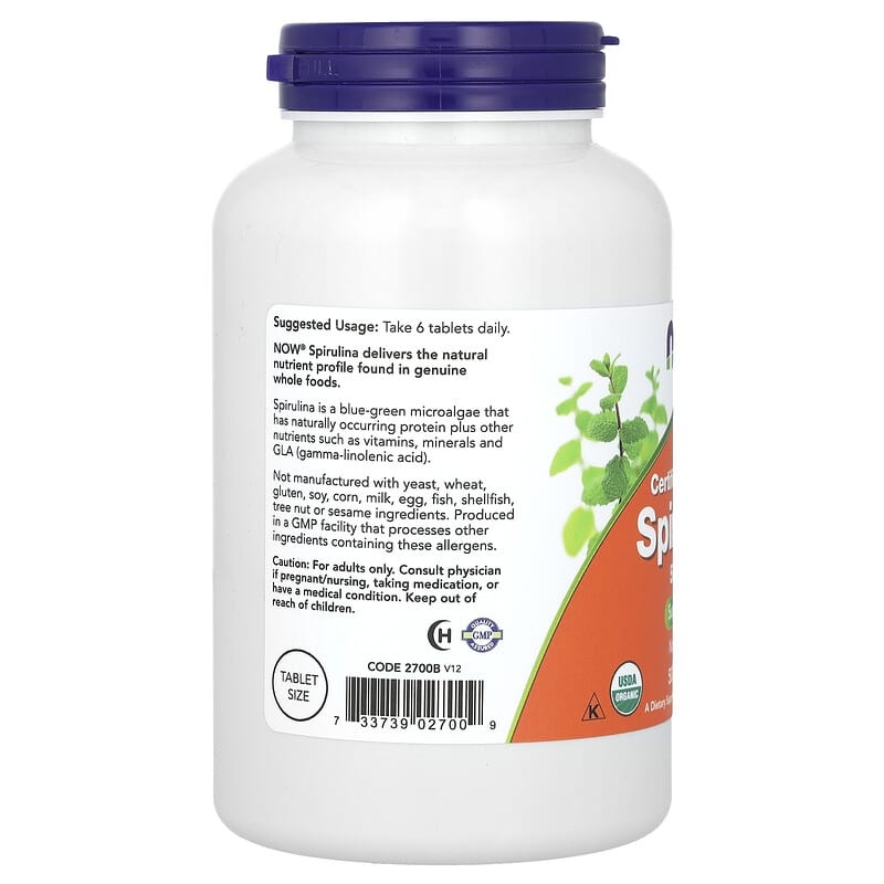 Now Foods Certified Organic Spirulina, Spirulina mit Bio-Zertifizierung, 3.000 mg, 500 Tabletten (500 mg pro Tablette)