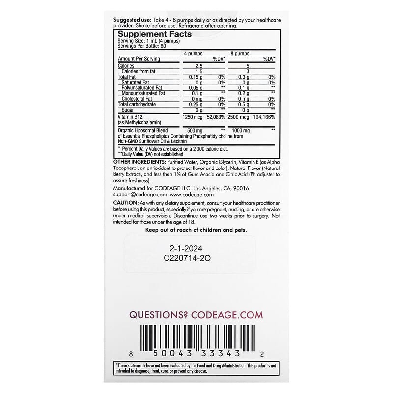 Codeage Liposomal Vitamin B12, Mixed Berry, 2 fl oz (59.2 ml)