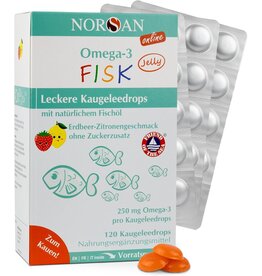 NORSAN Omega 3 FISK Jelly 120 hochdosiert/Omega 3 für Kinder (250 mg pro Kaugeleedrops) / Omega 3 Öl mit EPA & DHA/Tagesdosis mit Zitrone-Erdbeer-Geschmack 4 Kapseln