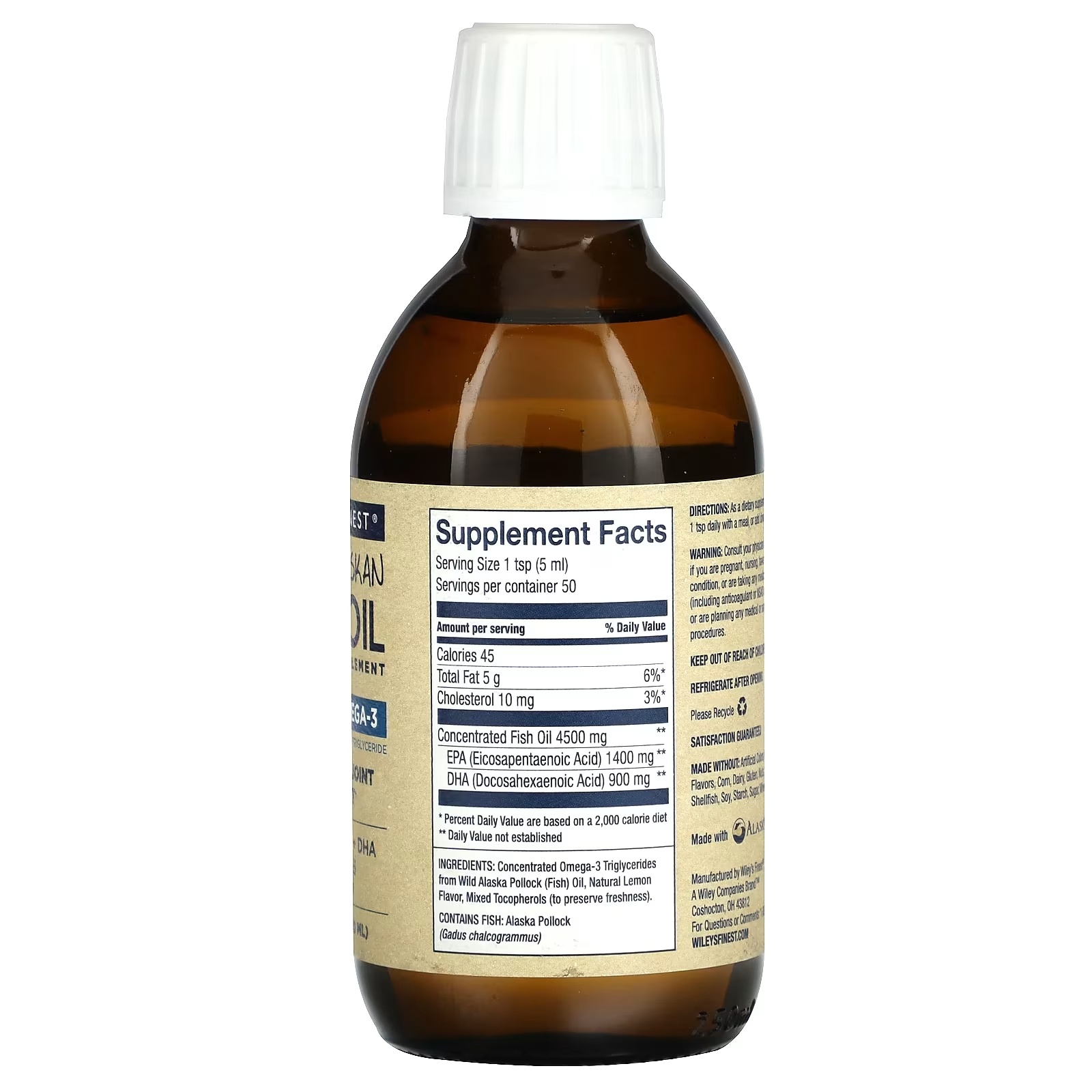 Wiley's Finest Wild Alaskan Fish Oil, Peak Omega-3 Liquid, Natural Lemon Flavor, 2,300 Mg, 8.45 Fl Oz (250 ml)