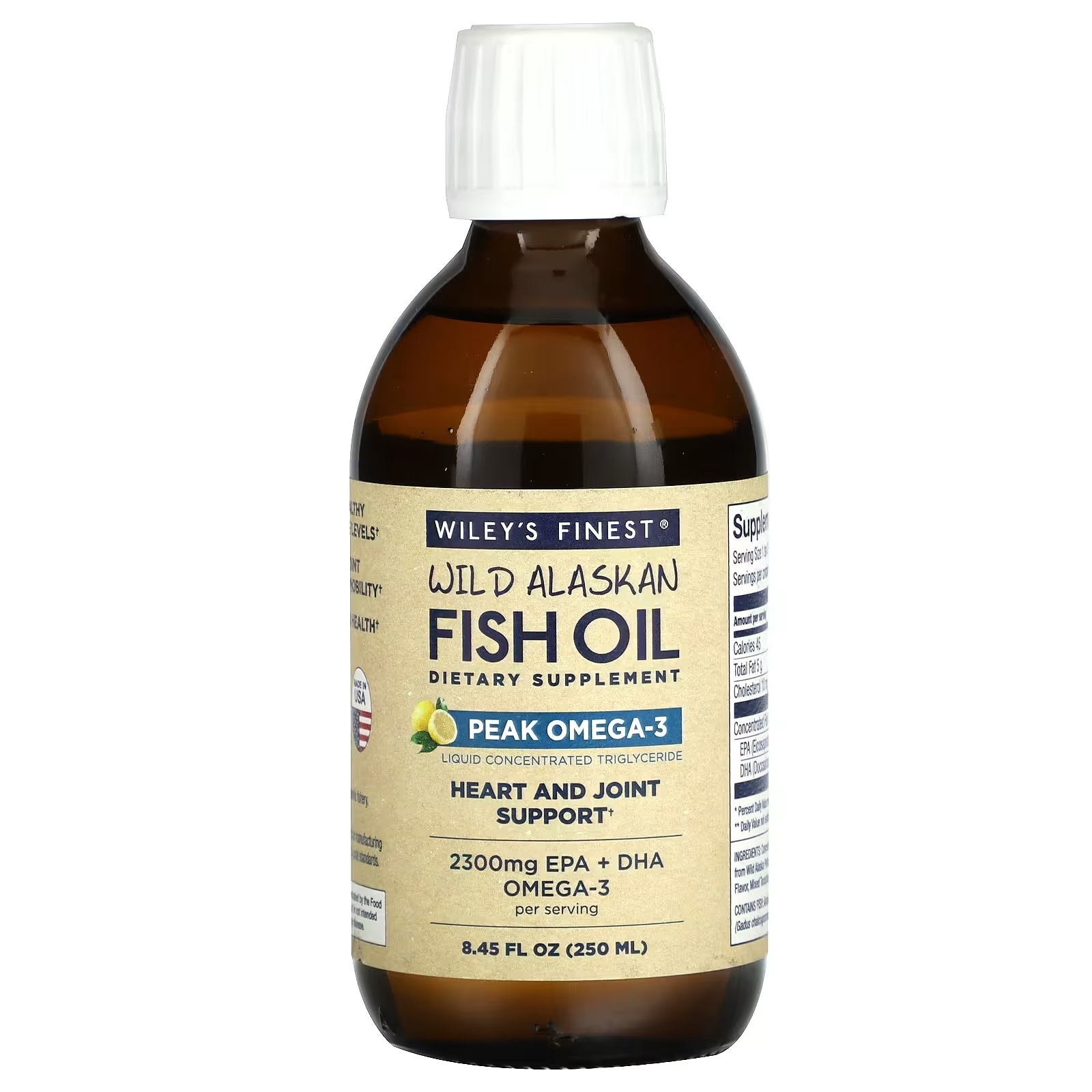 Wiley's Finest Wild Alaskan Fish Oil, Peak Omega-3 Liquid, Natural Lemon Flavor, 2,300 Mg, 8.45 Fl Oz (250 ml)