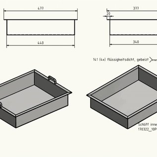 Versandmetall Edelstahlwanne geschweißt 1,5mm h=120mm axb 340x440mm INNEN Schliff K320 mit Bügelgriffen