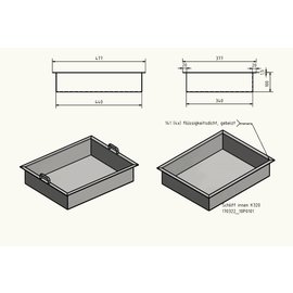 Versandmetall Kuip RVS Bak Spoelback dikte 1,5mm hoogte 200mm, axb 600x400 mm, oppervlakke BINNENZIJDE geborsteld, gelast en gebeitst met beugelhandvat