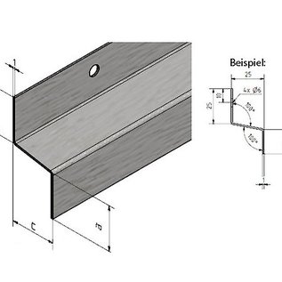 Versandmetall Druipplaat, dakranden sheet, 1,0mm, bxcxa025x75x15mm, lengte 2000mm, Boorgat d=6mm, eeinzijds geborsteld