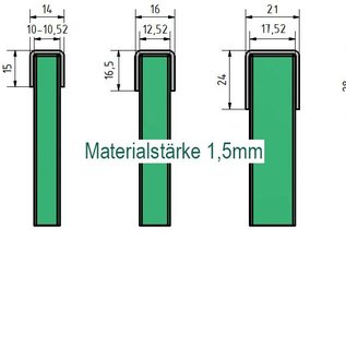 Versandmetall Randprofiel, u-Profiel, set van 5 stuks, dikte1,5mm, axcxb= 15x14x15mm, 2X2130mm, 1X2130mm, 2X1290mm