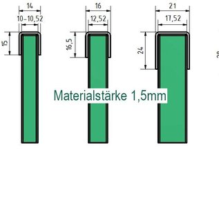 Versandmetall -Set (5) Einfassprofile t=1,5mm a=15mm c=14mm (innen 11mm) b=15mm Längen 2x2130 1x2230 2x 1290mm aussen Schliff K320