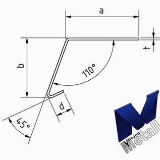 Versandmetall Corniere 110° avec larmier à l'intérieur 1,0 jusqu'à 1,5mm, 20 jusqu'à 70mm, L jusqu'à 2500mm surface brossé  en grain K320