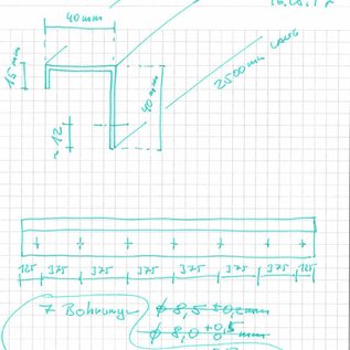 Versandmetall U-Profiel, a=20mm, c= 69mm, ( Binnen 66mm) b= 100mm, dikte 1,5mm, Lengte2500mm