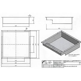 Versandmetall 170929 - Afvoerkanaal volgens schets van 1,5 mm roestvrij staal, gelaste hoeken: axbxh 620x600x150mm Buitenafmetingen -0,5 / -1mm EXTERNE K320