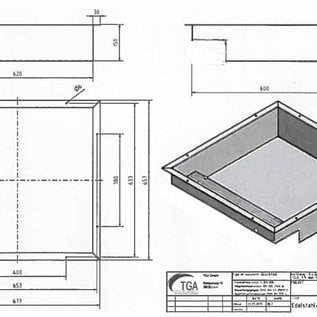 Versandmetall 170929 - Ablaufwanne gemäß Skizze aus 1,5 mm Edelstahl, Ecken geschweißt: axbxh 620x600x150mm Außenmaße -0,5/-1mm AUSSEN K320