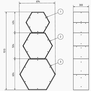 Versandmetall Legbord voor brandhout HEXAGON gemaakt van 3 modules van verschillende Maaten XL geproducered van staal oppervlakke poedercoated