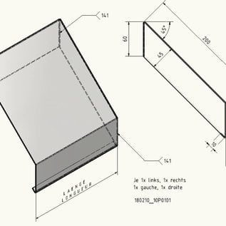 Versandmetall Bouché Brise-soleil 2  --18x1090mm  Couverture murale Attica.couverture en aluminium 1,5mm b=200mm h=45mm , les deux extrémités sont pliées