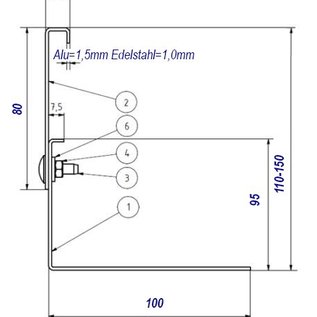 Versandmetall Bande de protection contre les graviers en aluminium, réglable en hauteur Al99,5 hauteur 110-150mm - pliée à 90°