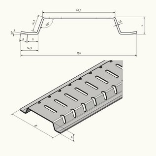 Versandmetall 2 m (2000 mm) drainagetakkanaal van aluminium 100 mm breed, hoogten van 15 tot 30 mm