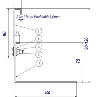 Versandmetall Grindrail aluminium in hoogte verstelbaar 1.4301 hoogte 90-130mm - 90° ingeklapt