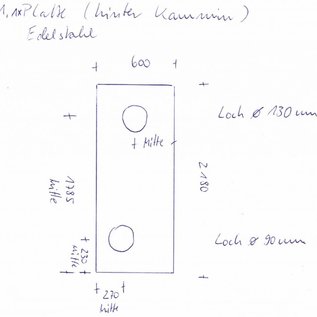 Stel [2 St] gesneden roestvrij staal, geborsteld graan 320, dikte 1,5 mm. 1x 600x1785mm 2 gaten, 1x 570x570mm 1 gat