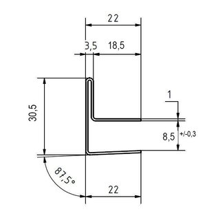 Versandmetall RVS glazen dakgoot 8mm voor ESG glas of VSG glas 8.76 mm, 1.4301 buitensnede K320