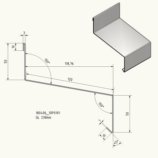 Versandmetall Traufblech roestvrij staal 1.4301 buiten K320 50/120/50, 1.0mm patroonlengte 100mm, lengtes 1000, 1500 2000mm