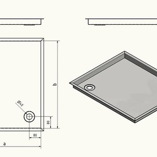 Versandmetall Douchebak RVS, douchebak 1,5mm omtrekrand 20mm, BINNEN snede K320, diepte vanaf 500 mm, breedte vanaf 600 mm, 1 of 2 afvoergaten, verschillende hoogtes