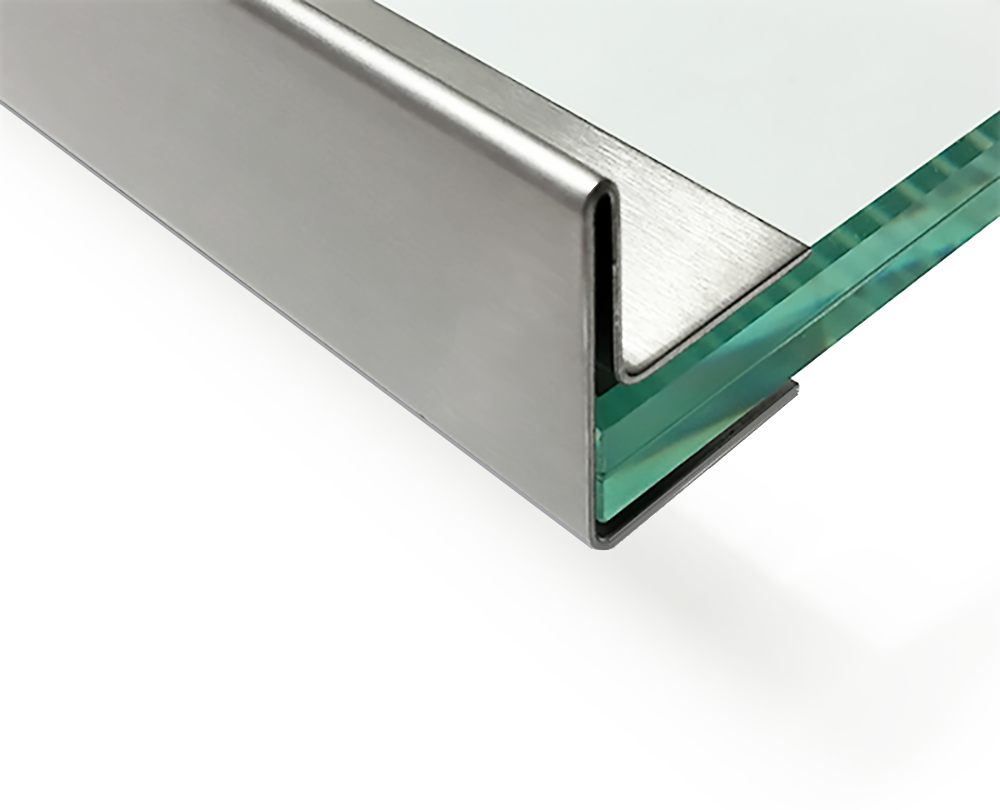 Edelstahl Glasdach-Regenrinne 10mm für ESG-Glas 10,76mm oder VSG Glas  10,52mm, 1.4301 aussen Schliff K320 - Versandmetall Online Shop