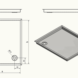 Versandmetall -Edelstahl Duschwanne, Duschtasse { R3A } 1,5mm, INNEN  Schliff K320, Tiefe 790 mm, Breite  790 mm, 1 oder 2 Ablaufbohrungen, Höhe 30mm