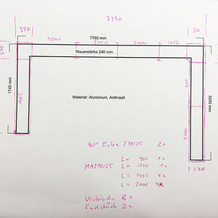 Versandmetall -Set [12,85 mtr] Wandafdekking van 1 mm aluminium antraciet (RAL 7016) Breedte 270 mm a / b 25 mm 4 St 2,0 m 1 St 1,405 m 1 St 1,05 m 1x St 0,9 m, 8 St connector, 2 St staart, 2 St 90 ° hoek