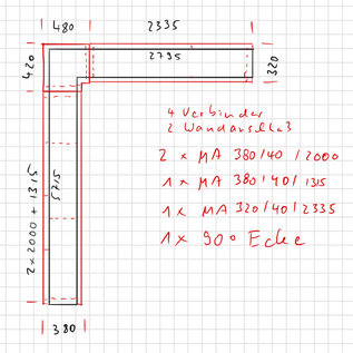 Versandmetall -Set [5.715 + 2.795m] wandafdekking van 1 mm aluminium eloxiter E6 / EV1 b = 320/380 mm h = 40 mm incl. 4 connectoren, 1x 90 graden hoek 2x wandaansluiting,