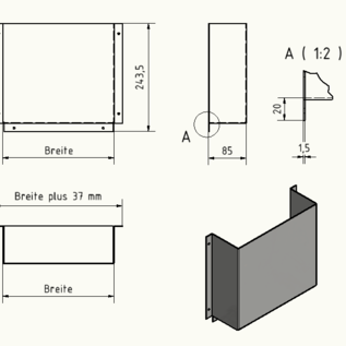 Versandmetall Deurvak, deurvak klein van 1,5 mm aluminium blank 90 ° BxHxD 250x220x85mm (25x22x8, 5cm)